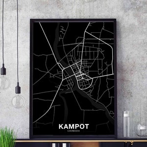 KAMPOT Cambodge carte affiche noir blanc ville natale ville impression moderne décor à la maison bureau décoration mur art dortoir chambre cadeau
