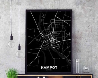 KAMPOT Cambodia map poster black white Hometown City Print Modern Home Decor Office Decoration Wall Art Dorm Bedroom Gift