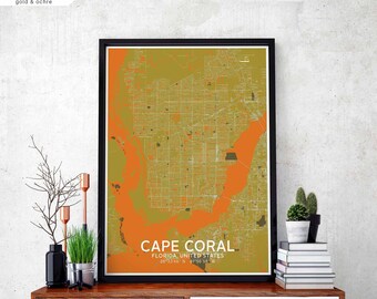 CAPE CORAL Florida USA map poster black white Hometown City Print Modern Home Decor Office Decoration Wall Art Dorm Bedroom Gift