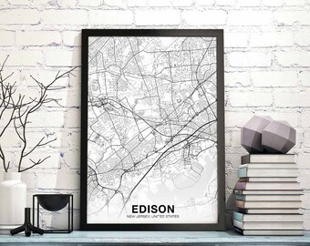 EDISON New Jersey NJ USA map poster black white Hometown City Print Modern Home Decor Office Decoration Wall Art Dorm Bedroom Gift
