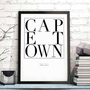 Póster con impresión artística de tipografía minimalista de Ciudad del Cabo, diseño de decoración de pared en blanco y negro, ciudad de inspiración nórdica escandinava suiza moderna