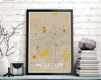 BATTLE CREEK Michigan USA map poster black white Hometown City Print Modern Home Decor Office Decoration Wall Art Dorm Bedroom Gift