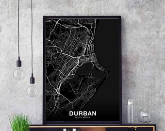 DURBAN South Africa map poster black white Hometown City Print Modern Home Decor Office Decoration Wall Art Dorm Bedroom Gift
