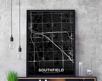 SOUTHFIELD Michigan MI USA map poster black white Hometown City Print Modern Home Decor Office Decoration Wall Art Dorm Bedroom Gift