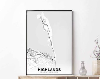 HIGHLANDS New Jersey nj usa map poster black white Hometown City Print Modern Home Decor Office Decoration Wall Art Dorm Bedroom Gift