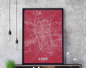 ŁÓDŹ Poland map poster color Hometown City Print Modern Home Decor Office Decoration Wall Art Dorm Bedroom Gift