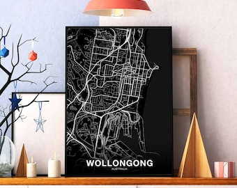 WOLLONGONG Australia map poster black white Hometown City Print Modern Home Decor Office Decoration Wall Art Dorm Bedroom Gift