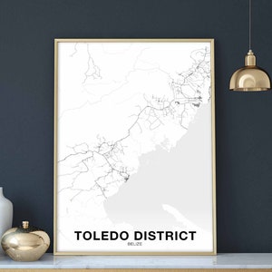 DISTRICT DE TOLEDO Belize carte affiche noir blanc ville natale ville impression moderne décor à la maison bureau décoration mur art dortoir chambre cadeau