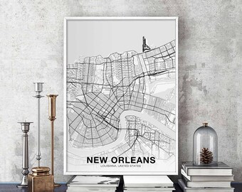 NEW ORLEANS Louisiana LO us map poster black white  Hometown City Print Modern Home Decor Office Decoration Wall Art Dorm Bedroom Gift