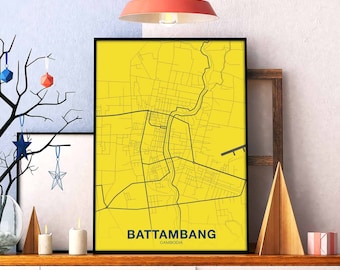 BATTAMBANG Cambodia map poster color Hometown City Print Modern Home Decor Office Decoration Wall Art Dorm Bedroom Gift