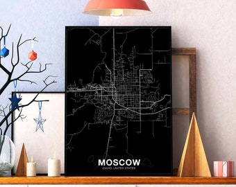 MOSCOW Idaho ID usa map poster black white Hometown City Print Modern Home Decor Office Decoration Wall Art Dorm Bedroom Gift