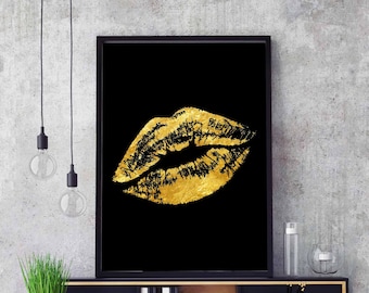 GOLD LIPS IMPRINT poster black white wall decor design modern motto swiss scandinavian minimal nordic typography digital gold foil lipstick