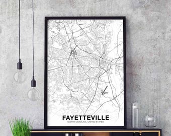 FAYETTEVILLE North Carolina NC USA map poster black white Hometown City Print Modern Home Decor Office Decoration Wall Art Dorm Bedroom Gift