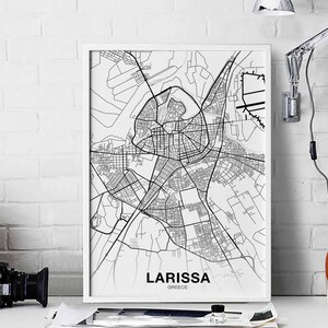 LARISSA Griechenland Karte Poster schwarz weiß Hometown City Print Moderne Wohnkultur Büro Dekoration Wand Kunst Wohnheim Schlafzimmer Geschenk
