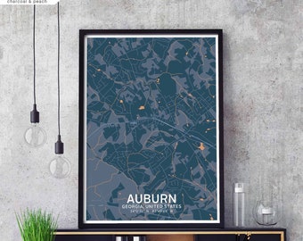 AUBURN Georgia USA map poster black white Hometown City Print Modern Home Decor Office Decoration Wall Art Dorm Bedroom Gift