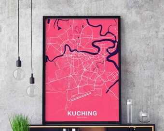KUCHING Malaysia map poster color Hometown City Print Modern Home Decor Office Decoration Wall Art Dorm Bedroom Gift art