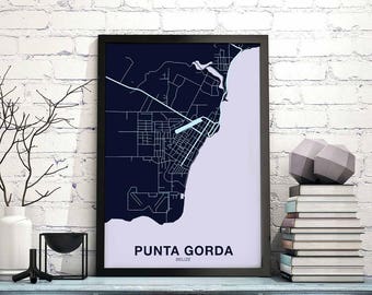 PUNTA GORDA Belize map poster color Hometown City Print Modern Home Decor Office Decoration Wall Art Dorm Bedroom Gift