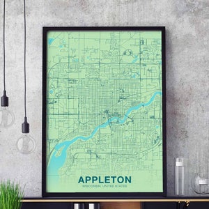 Puede incluir: Un mapa enmarcado de Appleton, Wisconsin, con un fondo verde claro y elementos de agua azules. Las calles de la ciudad se muestran en líneas verde oscuro. El texto "APPLETON" y "WISCONSIN, UNITED STATES" está impreso en negro en la parte inferior del mapa.