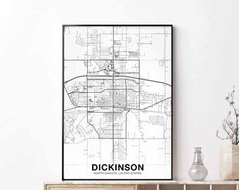 DICKINSON North Dakota ND map poster black white Hometown City Print Modern Home Decor Office Decoration Wall Art Dorm Bedroom Gift