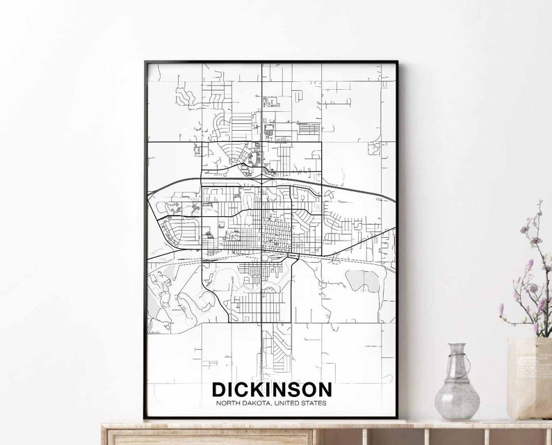 DICKINSON North Dakota ND Map Poster Black White Hometown City Etsy