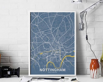 NOTTINGHAM Great Britain UK map poster color Hometown City Print Modern Home Decor Office Decoration Wall Art Dorm Bedroom Gift