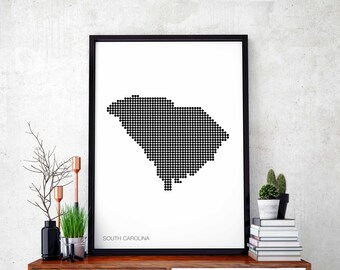 SOUTH CAROLINA US state minimal dots retro map poster black white wall decor design modern swiss scandinavian nordic housewarming travel