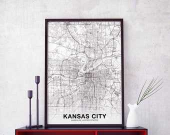 KANSAS CITY Missouri MO usa map poster black white Hometown City Print Modern Home Decor Office Decoration Wall Art Dorm Bedroom Gift