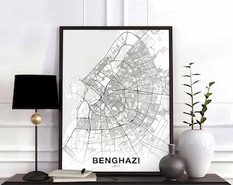 BENGHAZI Libya map poster black white Hometown City Print Modern Home Decor Office Decoration Wall Art Dorm Bedroom Gift