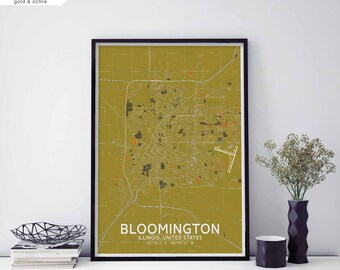 BLOOMINGTON Illinois USA map poster black white Hometown City Print Modern Home Decor Office Decoration Wall Art Dorm Bedroom Gift