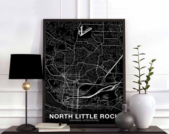NORTH LITTLE ROCK Arkansas ar usa map poster black white Hometown City Print Modern Home Decor Office Decoration Wall Art Dorm Bedroom Gift