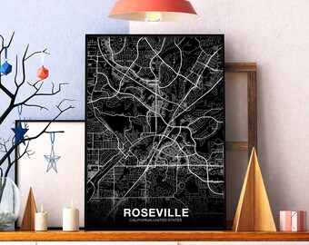 ROSEVILLE California CA USA map poster black white Hometown City Print Modern Home Decor Office Decoration Wall Art Dorm Bedroom Gift