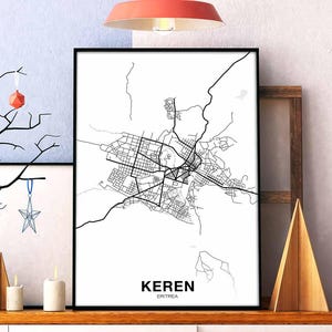 KEREN Érythrée carte affiche noir blanc ville natale ville impression moderne décor à la maison bureau décoration mur art dortoir chambre cadeau