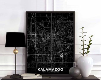 KALAMAZOO Michigan MI USA map poster black white Hometown City Print Modern Home Decor Office Decoration Wall Art Dorm Bedroom Gift