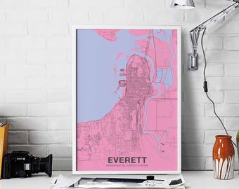 EVERETT Washington WA US map poster color Hometown City Print Modern Home Decor Office Decoration Wall Art Dorm Bedroom Gift