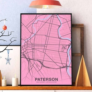 PATERSON New Jersey NJ USA mapa plakat kolor Miasto rodzinne Wydrukuj Nowoczesny wystrój domu Dekoracja biurowa Sztuka ścienna Sypialnia w akademiku Prezent