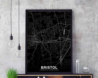 BRISTOL Connecticut CT USA map poster black white Hometown City Print Modern Home Decor Office Decoration Wall Art Dorm Bedroom Gift