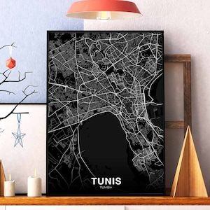 TUNIS tunisie carte affiche noir blanc ville natale ville impression moderne décor à la maison bureau décoration mur art dortoir chambre cadeau