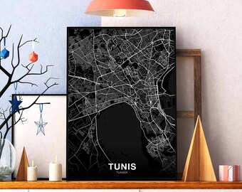TUNIS  Tunisia map poster black white Hometown City Print Modern Home Decor Office Decoration Wall Art Dorm Bedroom Gift