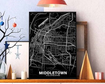 MIDDLETOWN Ohio OH USA map poster black white Hometown City Print Modern Home Decor Office Decoration Wall Art Dorm Bedroom Gift