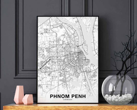 Phnom Penh Cambodia Map Poster Black White Wall Decor Design Etsy