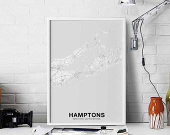 HAMPTONS New York NY usa map poster black white Hometown City Print Modern Home Decor Office Decoration Wall Art Dorm Bedroom Gift