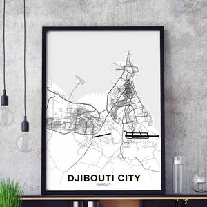 DJIBOUTI CITY Djibouti carte affiche noir blanc ville natale ville impression moderne décor à la maison bureau décoration mur art dortoir chambre cadeau