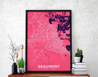 BEAUMONT Texas TX US map poster color Hometown City Print Modern Home Decor Office Decoration Wall Art Dorm Bedroom Gift