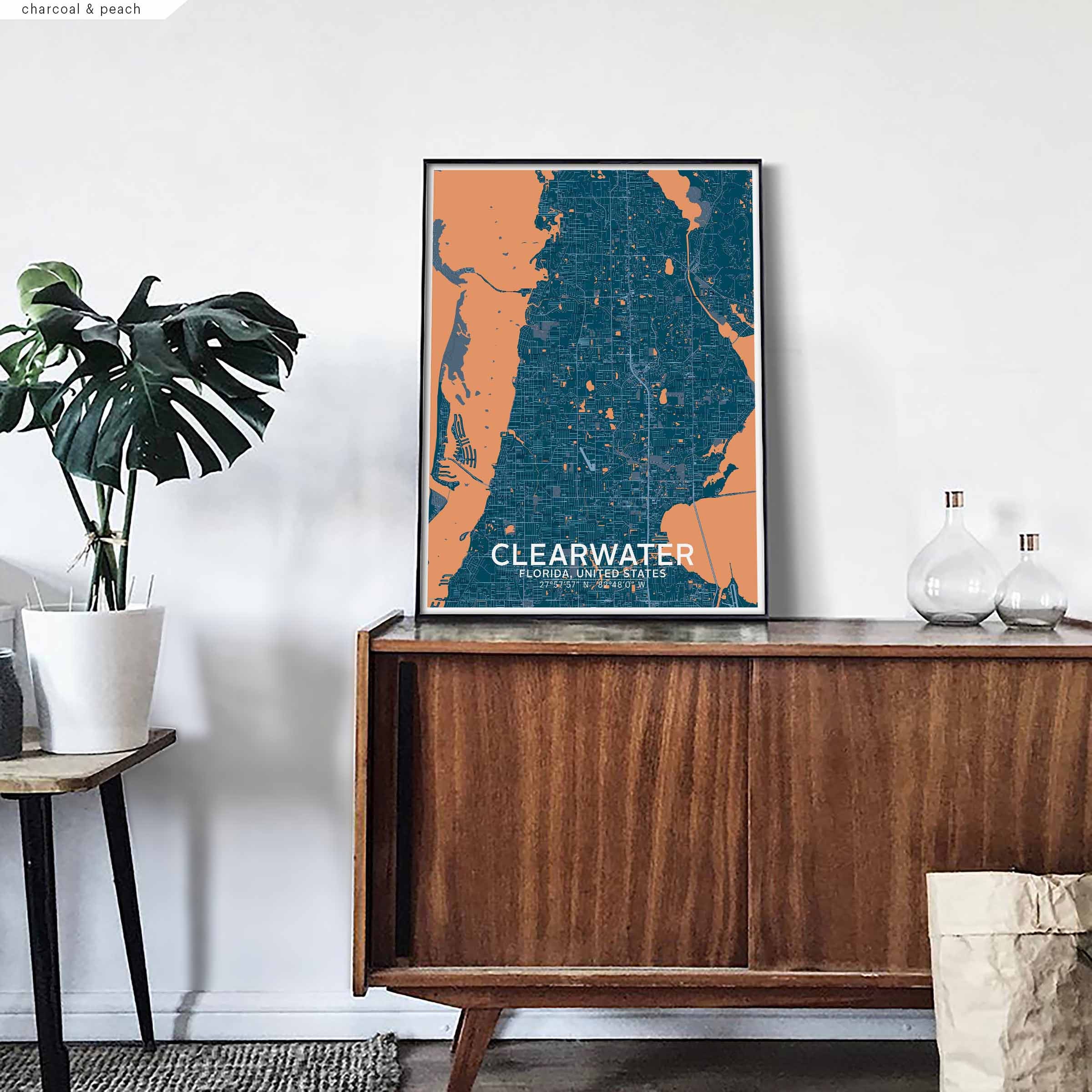 Clearwater Florida Usa Map Poster Black White Wall Decor Design