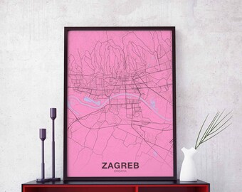 ZAGREB Croatia map poster color Hometown City Print Modern Home Decor Office Decoration Wall Art Dorm Bedroom Gift