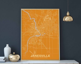 JANESVILLE Wisconsin WI USA poster color Hometown City Print Modern Home Decor Office Decoration Wall Art Dorm Bedroom Gift