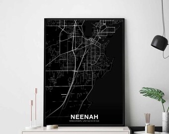 NEENAH Wisconsin USA map poster black white Hometown City Print Modern Home Decor Office Decoration Wall Art Dorm Bedroom Gift