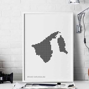 BRUNEI DARUSSALAM pontos mínimos retro mapa pôster preto branco decoração de parede design moderno suíço escandinavo nórdico inauguração de casa viagem