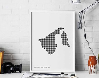 BRUNEI DARUSSALAM minimal dots retro map poster black white wall decor design modern swiss scandinavian nordic housewarming travel