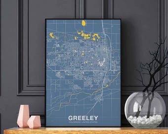 GREELEY Colorado CO US map poster color Hometown City Print Modern Home Decor Office Decoration Wall Art Dorm Bedroom Gift